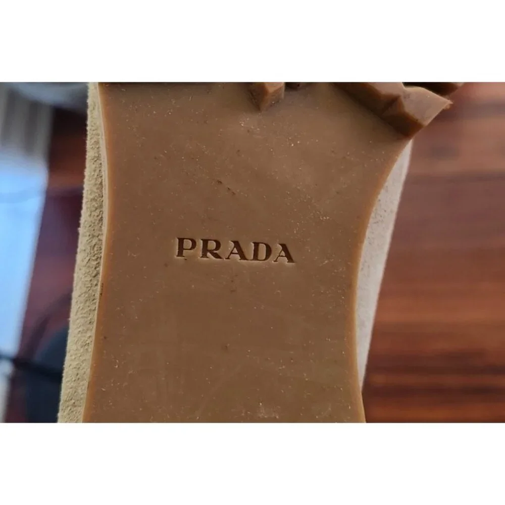 Prada Suede Mid Calf Moto Boots 37.5 Beige Taupe Leather Lined Lug Sole Side Zip - Picture 12 of 15